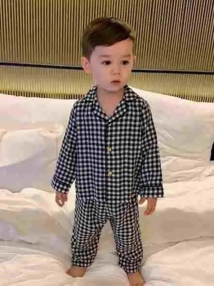 Клетчатая Пижама для маленьких девочек и мальчиков комплект одежды хлопковое