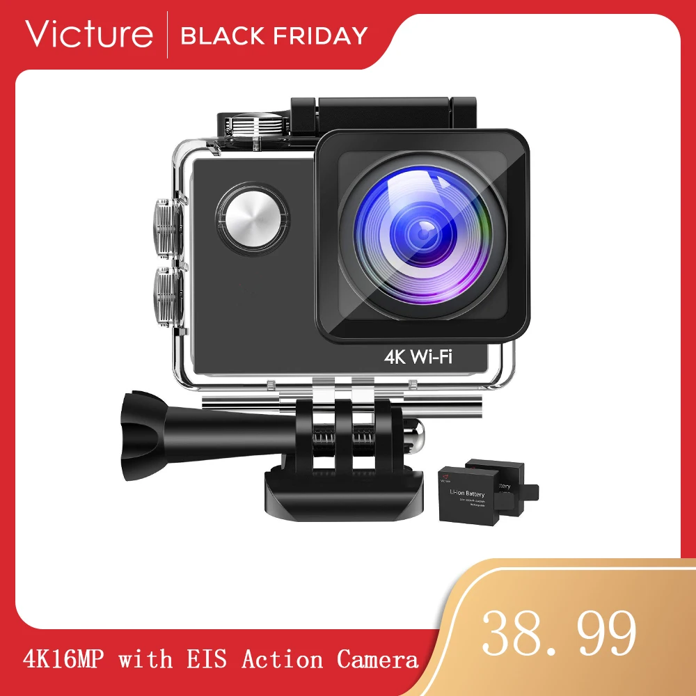 

Action Camera WiFi 4K 16MP with EIS 170 ° Angle Submersible Aquatic Cam 30m Waterproof 2 Batteries Multi Accessories