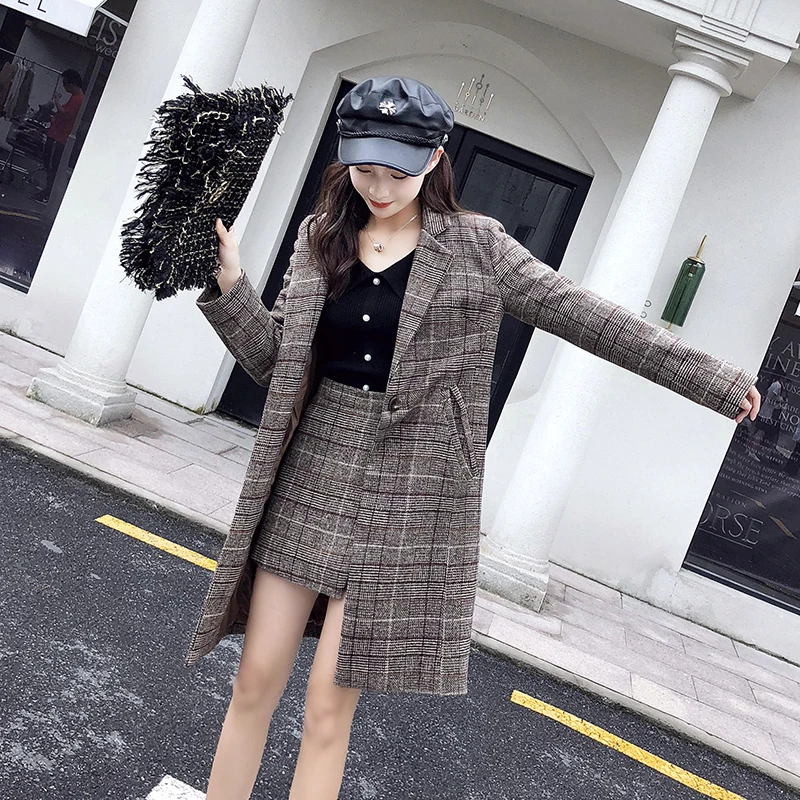 

Plaid Woolen Suit Suit Women Korean Fashion Autumn and Winter New Style Suit Jacket Skirt Two-piece Western Style
