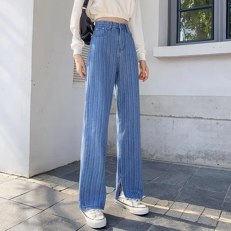 

2022 spring and Autumn New Korean design retro versatile high waist wash vertical stripe split jeans women's wide leg pants