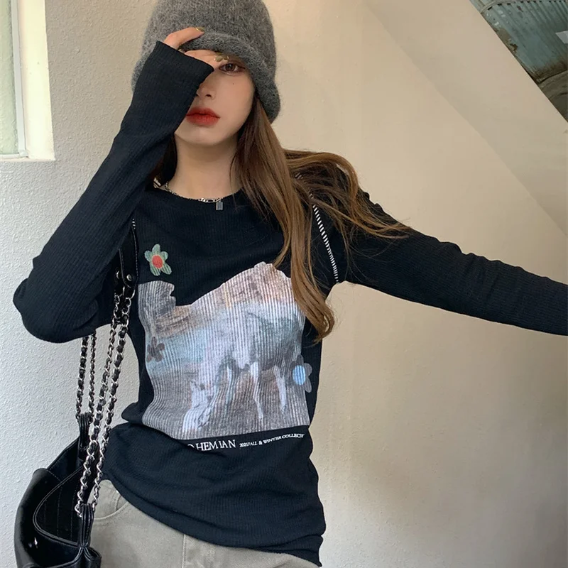 Korejepo Printed Long Sleeve T-shirt Women Spring and Antumn 2022 New Versatile Thin Loose Bottomed Korean Chic Fashion Tops | Женская