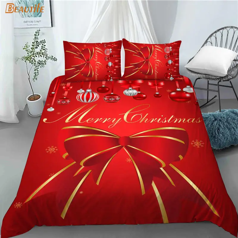 

3D Print Festival Merry Christmas Bow Bedding Set Duvet Cover Bedclothes 180X200CM Comforter Cover With Pillowcase For Kids Home