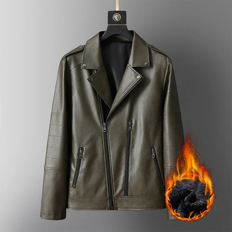 

Fleece Thick Leather Coat Mens Motorcycle Leather Jacket Men Faux Leather Jackets and Coats Diagonal Zipper Pu Outwear