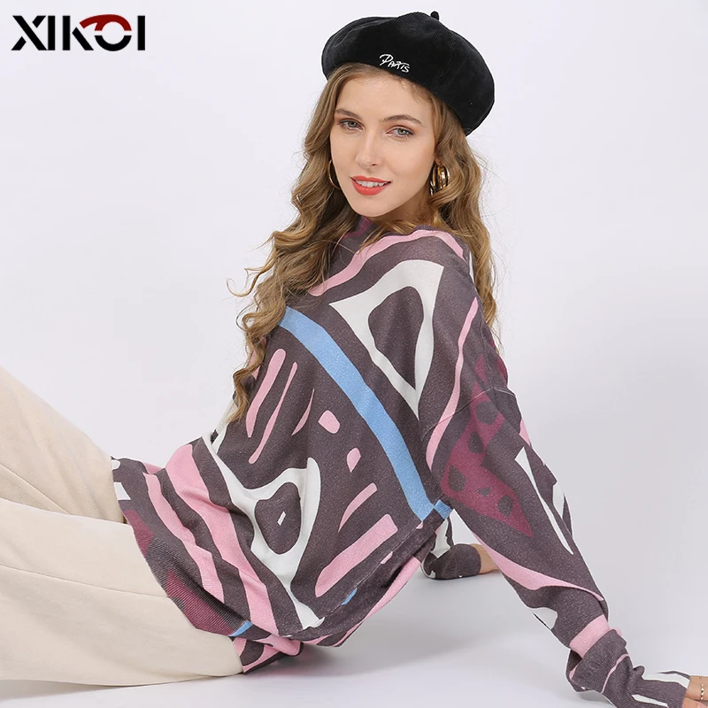 Новинка Свитера XIKOI с ретро-принтом для женщин зимние теплые пуловеры длинным