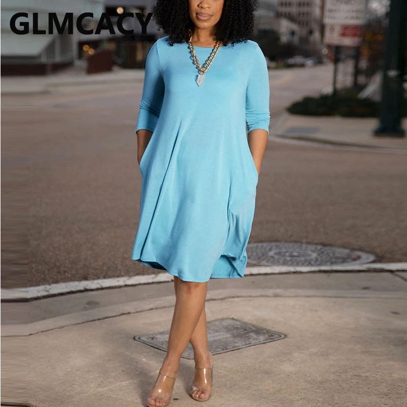 

Повседневное однотонное свободное платье с длинным рукавом и карманами, дизайнерское осенне-зимнее платье