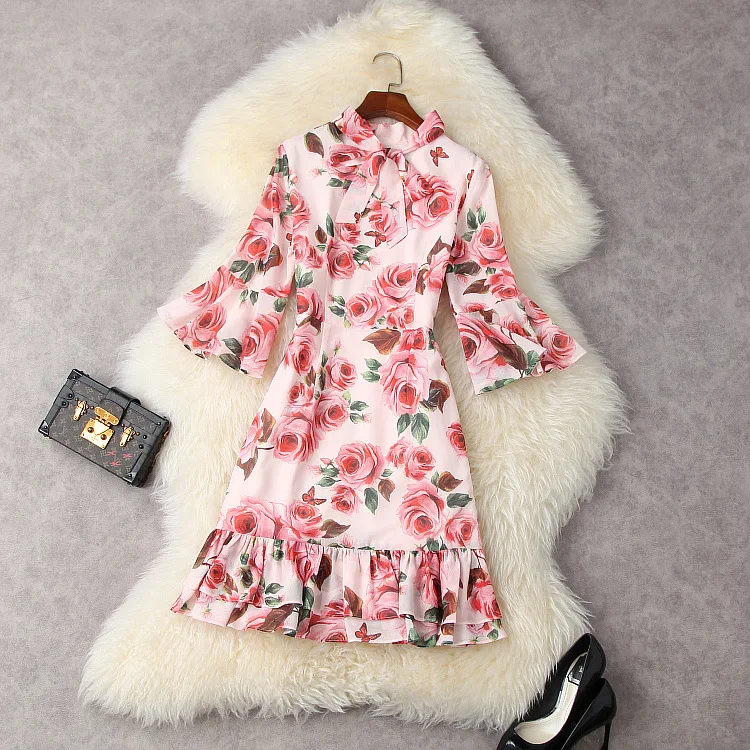 

Europe and the United States women's clothing New Summer 2021 Seven-point sleeve collar Fashionable rose print fishtail dress