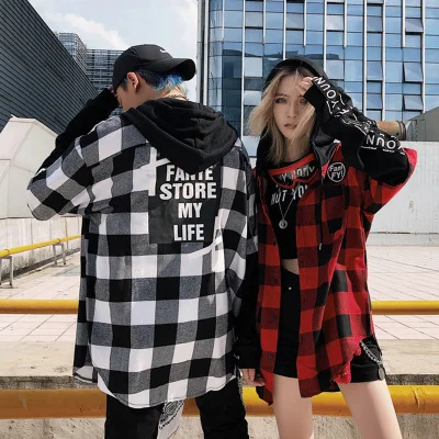 Красная и черная клетчатая рубашка в стиле пэчворк мужская хип хоп уличная