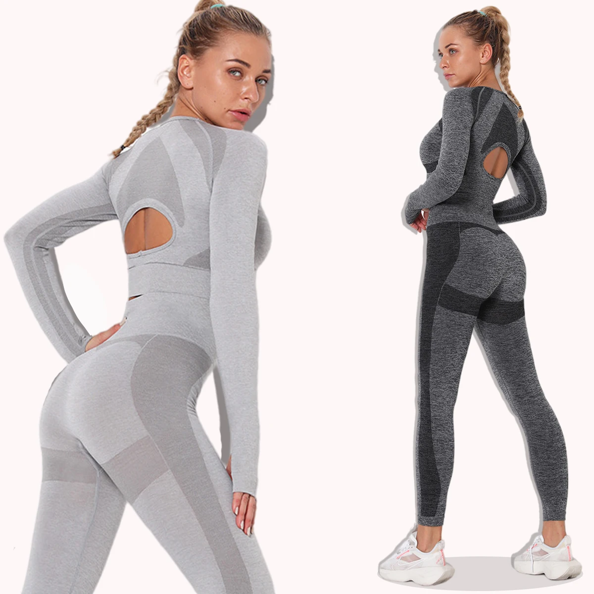 

Gym women's suits, leggings, autumn and winter sportswear, seamless hollow yoga clothing, hip-lifting sports tights