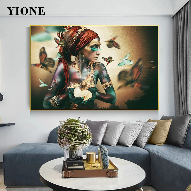 

African Woman with Butterfly Wall Art Poster Retro Abstract Black Girl Canvas Painting for Living Room Bedroom Picture Prints