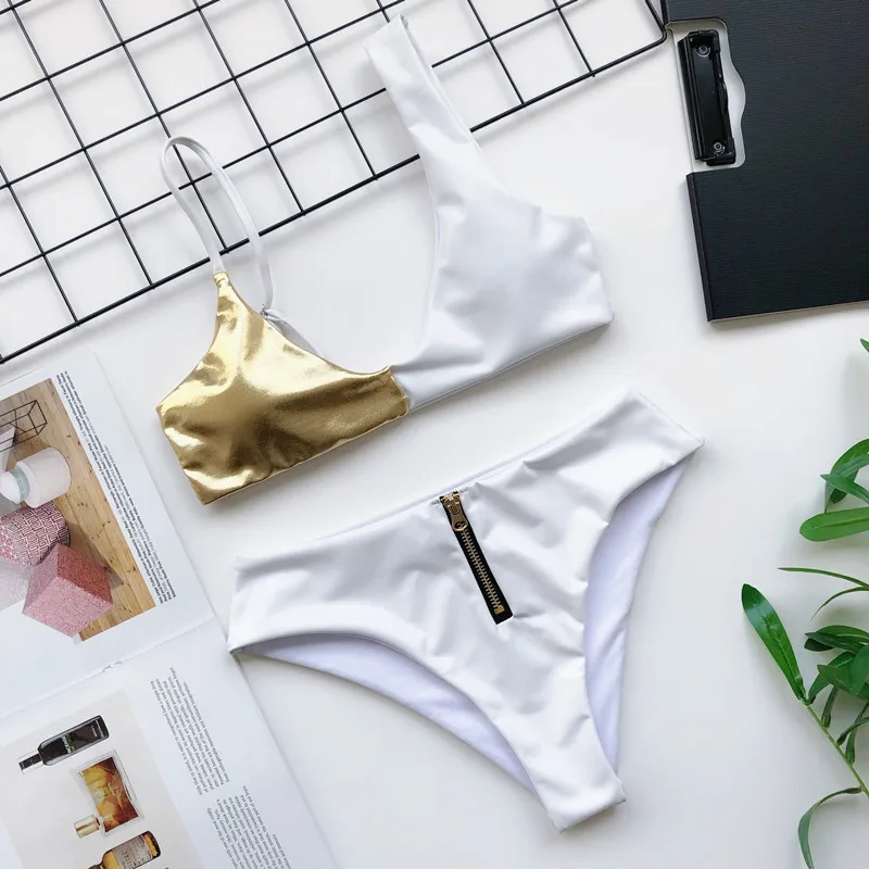 Сексуальное яркое кожаное бикини на молнии лоскутный женский купальник пуш-ап