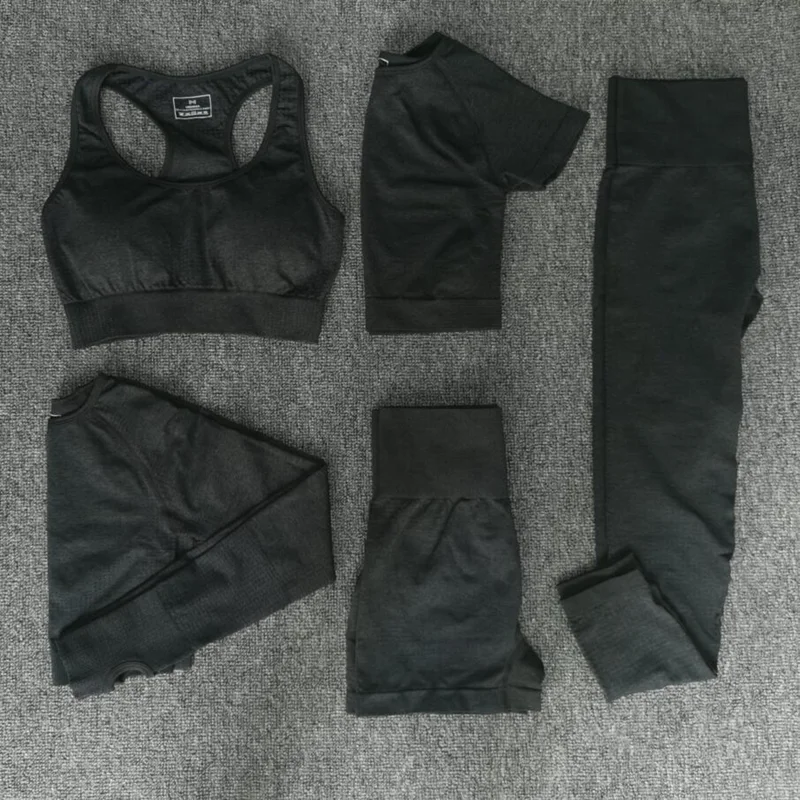 New 5 PCS Women Seamless Yoga Set Fitness Sports Suits GYM Clothing Yoga T-Shirts+High Waist Leggings+Bra+Shorts Workout Sets
