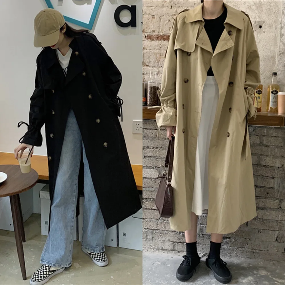 

Autumn Ladies New Retro Waist Double-breasted Mid-length Overcoat Loose Large Size Windbreaker Women QB609