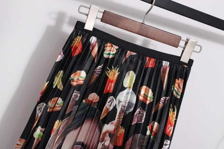 

New Europe Summer Female Vintage Hit Color Character Printing Skirts Womens Elastic Waist Pleated Skirt Chic Elegant Long Skirts