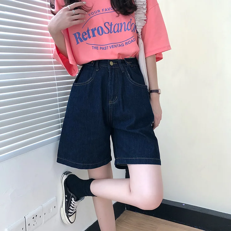 

Dark Blue Denim Shorts Women's Summer 2021 New Korean Style Student 5 Points 5 Points Middle Pants Loose Wide Leg Hot Pants