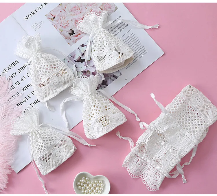 

6pcs 10*14 White round hole Lace Bag Jewelry Storage Bag Milk Yarn Bundle Pocket Drawstring Bags Packaging Party Wedding Favors