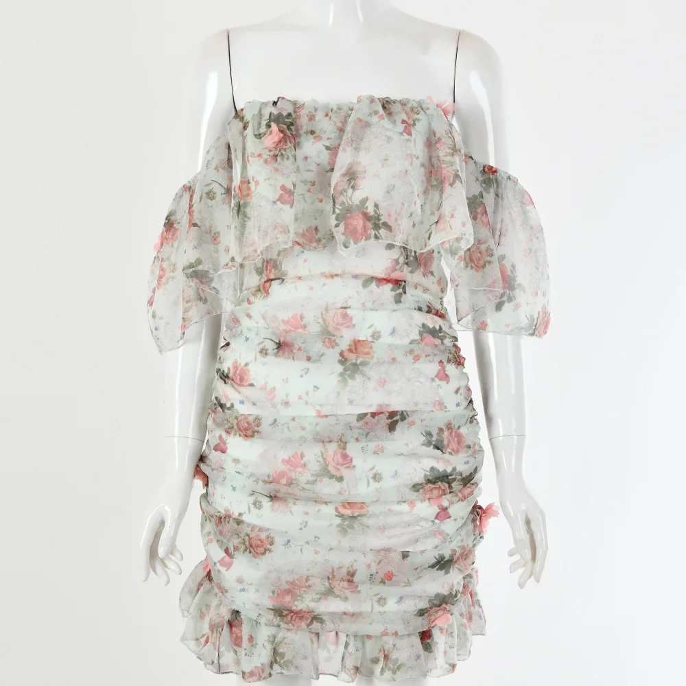 

2021 spring and summer new European and American sexy halter one-shoulder printed dress