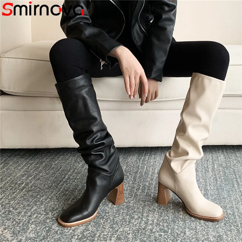 Smirnova 2020 Fashion brand women boots thick high heels knee Pleated solid color autumn western | Обувь