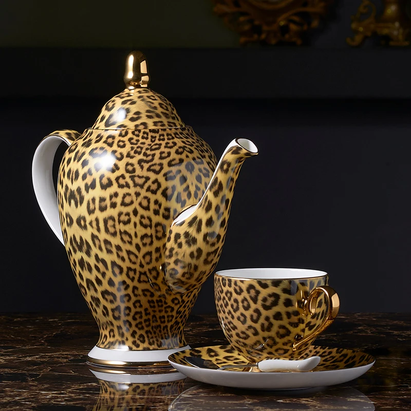 

Leopard Print Bone China Coffee Set Luxury Porcelain Tea Set Advanced Pot Cup Ceramic Mug Sugar Bowl Creamer Teapot Drinkware