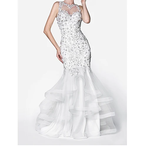 

White Long Evening Dress Mermaid Sleeveless Luxury Top Lace Appliques Hot Fix Rhinestone Organza ponytail Prom Gown For Women
