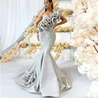 Женское вечернее платье-русалка, серебристое платье с оборками, баской и аппликацией, бальное платье для выпускного вечера