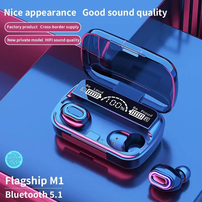 m1 tws 5 1 large screen led three electric digital display touch breathing light bluetooth headset emergency charging headphones free global shipping