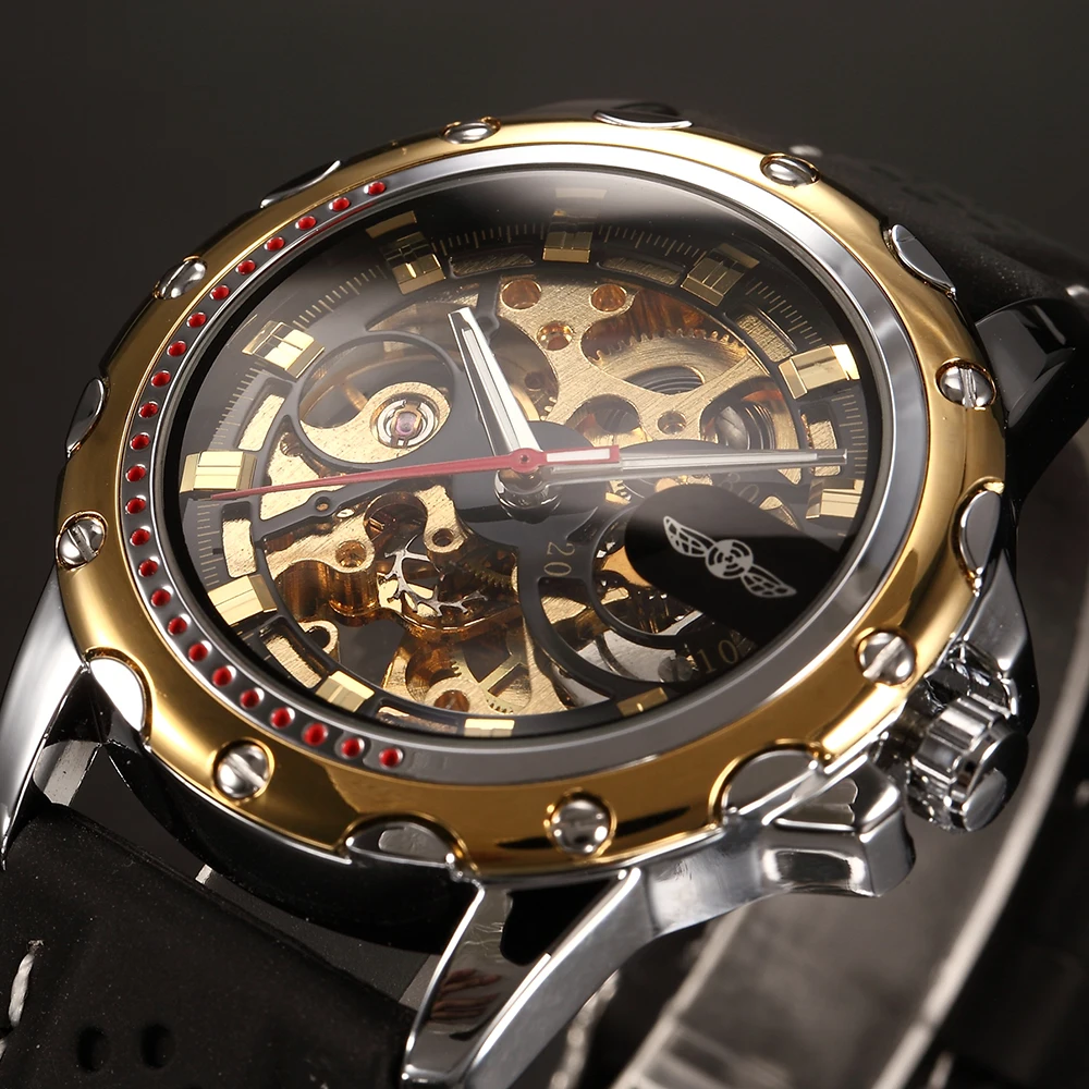 

Winner Mens Watch Fashion Casual Skeleton Steampunk Rubber Band Sports Wristwatches Automatic Self-winding Mechanical Male Clock