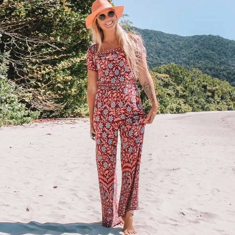 Богемный Вдохновленный комбинезон с цветочным принтом Летний широкими
