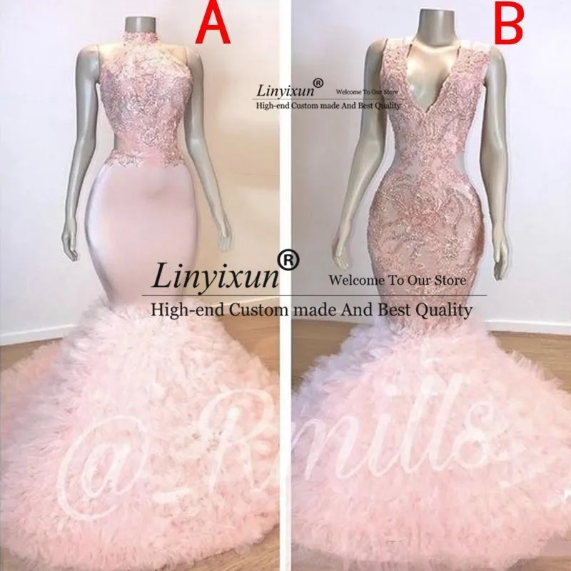 

High Neck Ruffle Prom Dresses 2020 Lace Appliques Sexy V Neck Illusion Party Gowns Sweep Train Mermaid Women Evening Dress