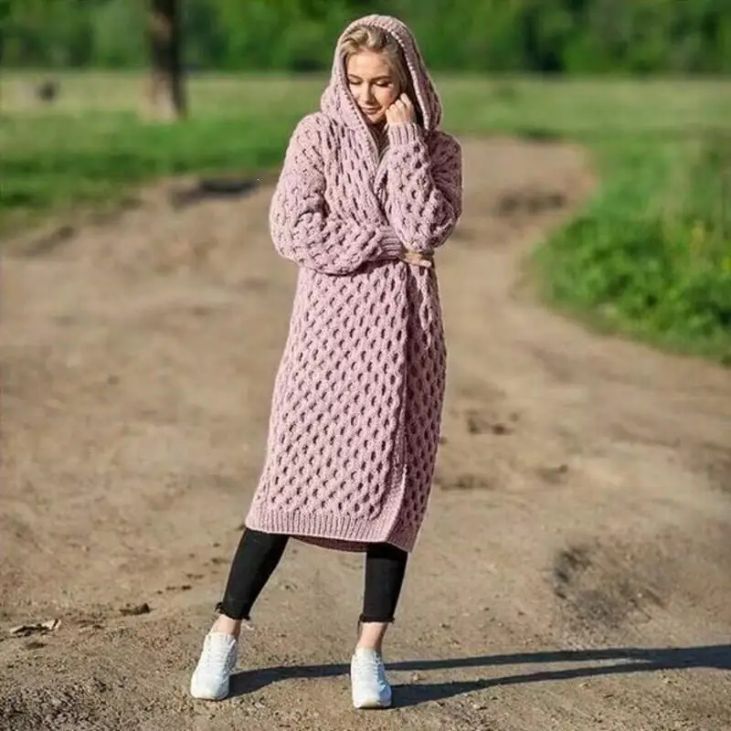 Розовый Осенняя мода женский с капюшоном толстый вязаный свитер кардиган размера плюс длинный рукав зимний теплый плащ с капюшоном пальто - Цвет: Розовый