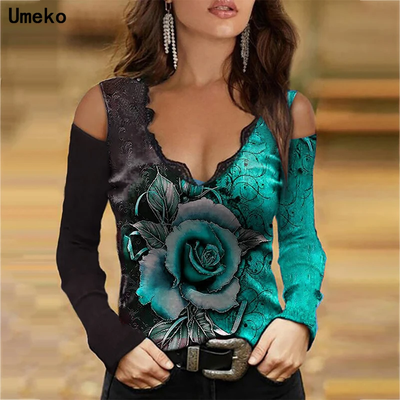 

Umeko 2021 New Vintage Print Long Sleeve T-Shirts Women Sexy V-Neck Off Shoulder Tops Elegant Rose Pattern Tee Shirt Streetwear
