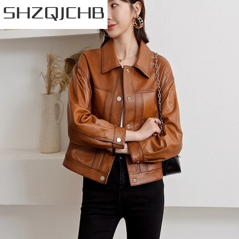 

JCHB 2021 Vintage Genuine Leather Short Jacket Women Autumn Sheep Skin Slim Fit Coat Motorcycle Leather Jackets OL Street Casua