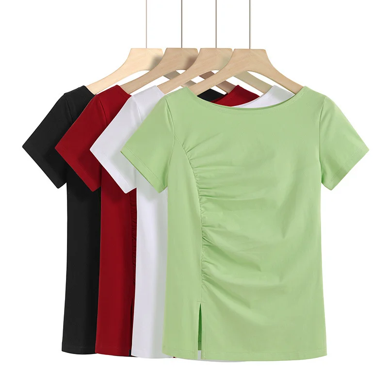 

New style short sleeve T-shirt women's fashion versatile Korean split one line collar advanced half sleeve bottom coat 6941