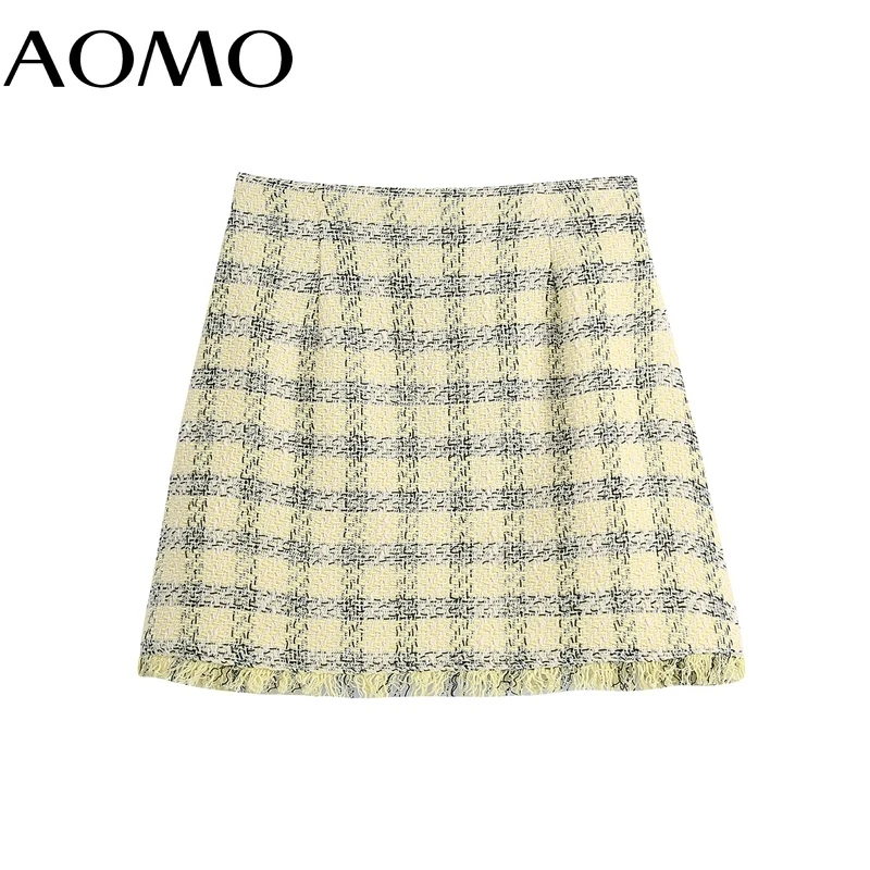 

AOMO Women 2021 Fashion Plaid Print Tweed Skirt Vintage High Waist Back Zipper Female Skirts Mujer BE108A