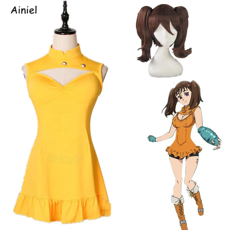 

Anime The Seven Deadly Sins Suit Diane Cosplay Costume Hot Game Yellow Lovely Dress Synthetic Wig Hair For Woman Girls Clothing