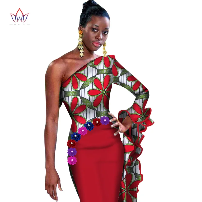 

African Fashion Dashiki Africa Dress for Women Femme Unique One Sleeve with Flower Dress Knee-length Maxi African Dress WY1396