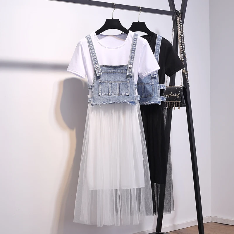 Женская длинная футболка Сетчатое платье + джинсовый топ комплект из двух