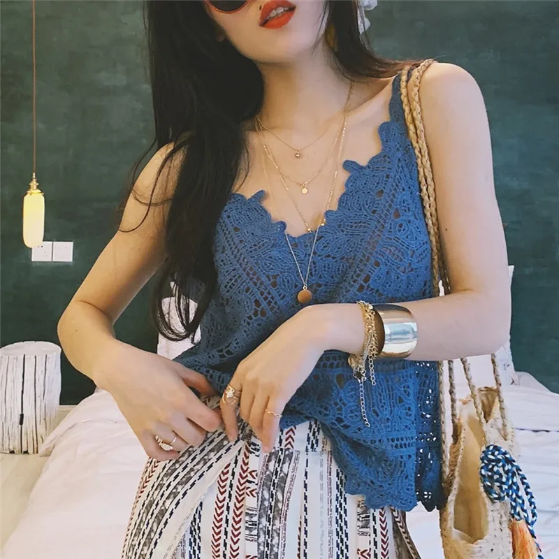 Новые летние крюк цветок кружева сплошные швы с v образным вырезом майки Женский