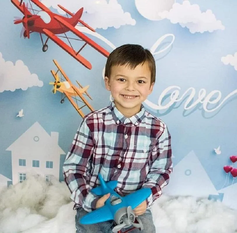 

Виниловый фон для фотосъемки с изображением Дня Святого Валентина самолета облака дома мешков с Белым домом вечевечерние лестницы