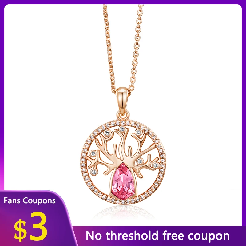 

Женское Ожерелье LYNACCS цвета розового золота, ажурное круглое ожерелье-цепочка с кулоном из дерева жизни и розовыми кристаллами, ювелирные и...