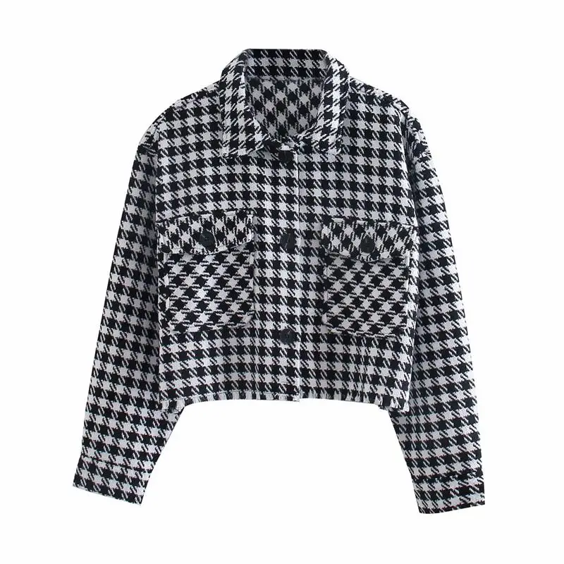 

Women 2020 Fashion Single Breasted Short Black Plaid Jacket Pocket Accessories Retro Long Sleeve Blouse Streetwear