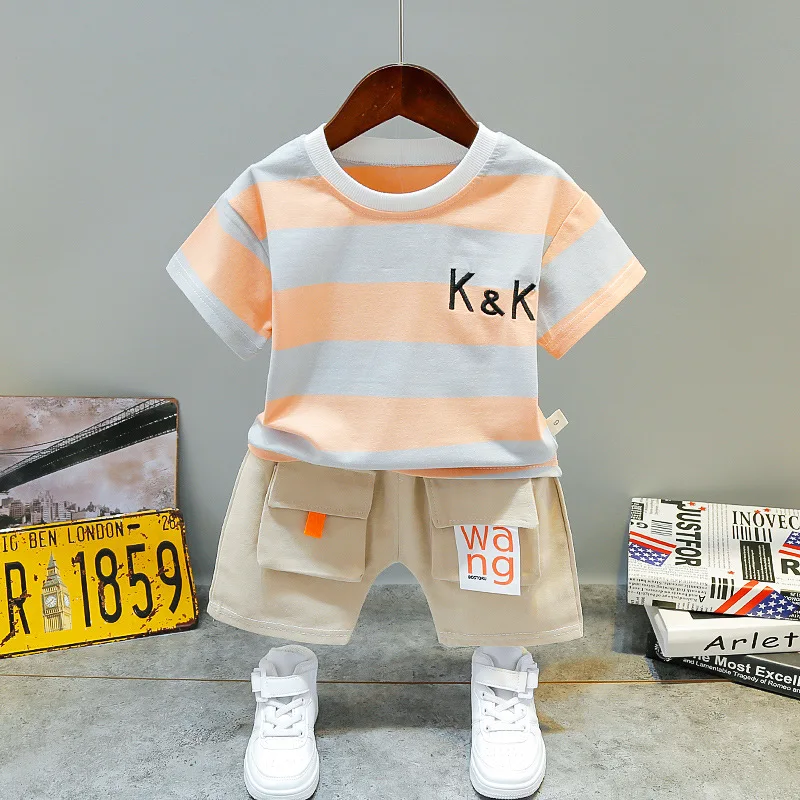 

Hot Sale Children's Summer Clothing Children Suit round Neck Wide Stripe KK Short Sleeve Suit