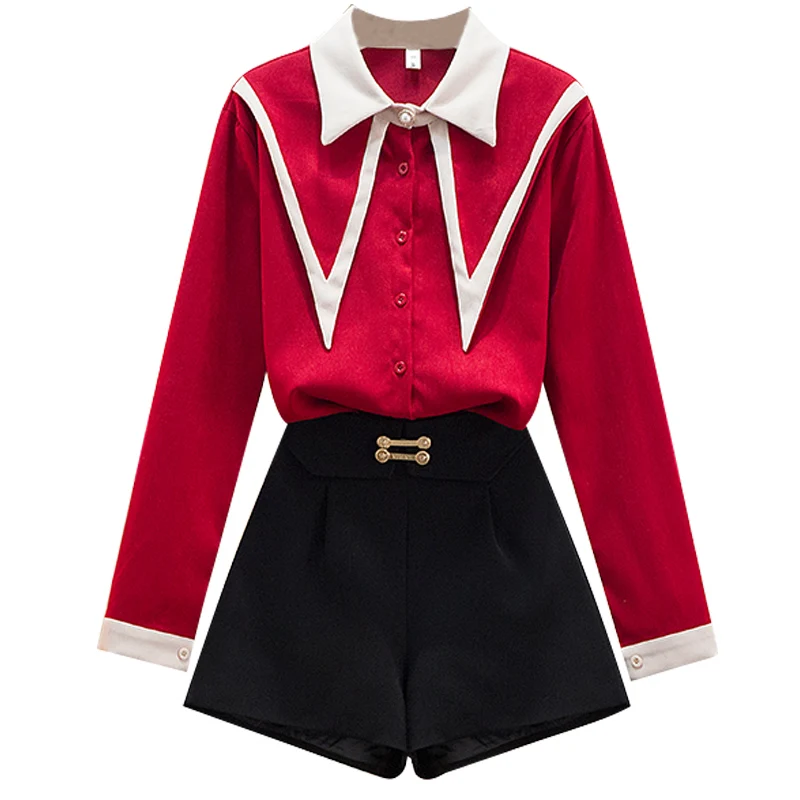 

Женские костюмы, дизайнерская красная рубашка с длинным рукавом, короткие шорты с широкими штанинами, комплект одежды из двух предметов, же...