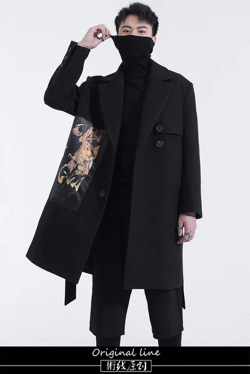 

2020 winter clothing original British style retro personality illustration printing in the long woollen coat male