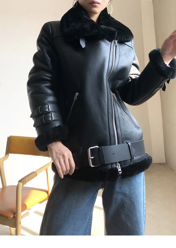 Winter Lamb Fur Bomber Real leather Jacket Women New Sheepskin Double Face Shearling Coat Oversized Genuine Leather Jackets