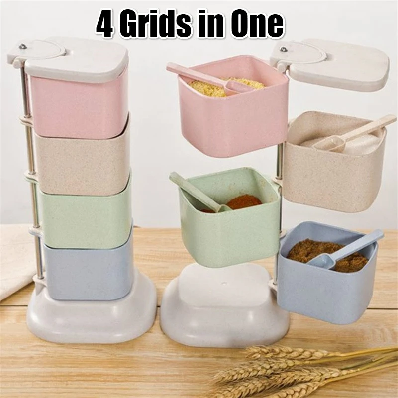 

Kitchen Solid Seasoning Box Wheat Straw Four Grids Can Be Rotated Vertical with Spoon Seasoning Box