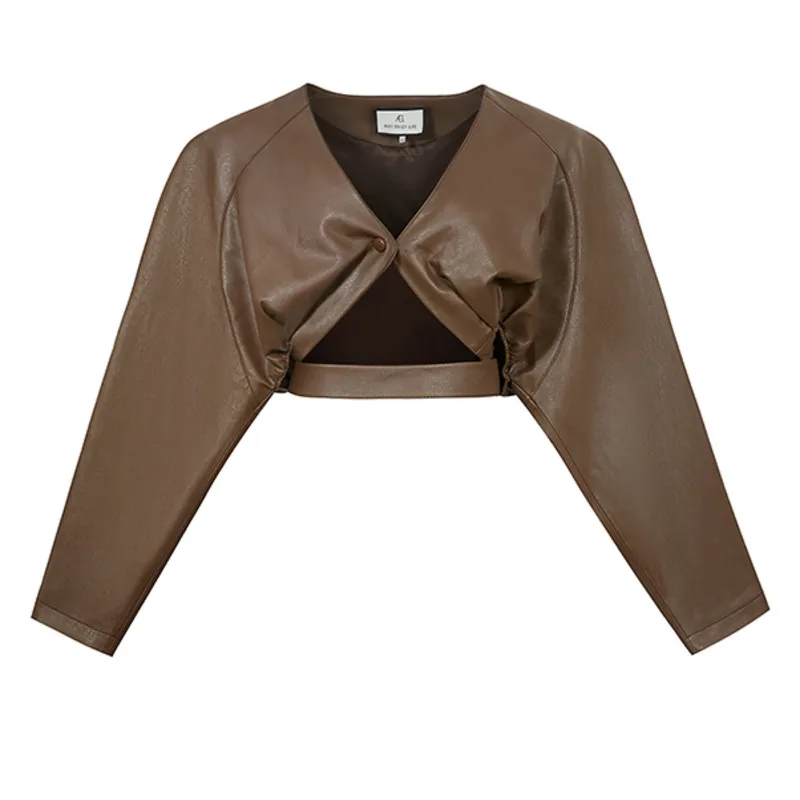 

DEAT 2021 New Women Fashion Slim V-neck Long Sleeve Hollow Out Single Button Retro Leather Short Jacket Spring And Autumn 7E6074