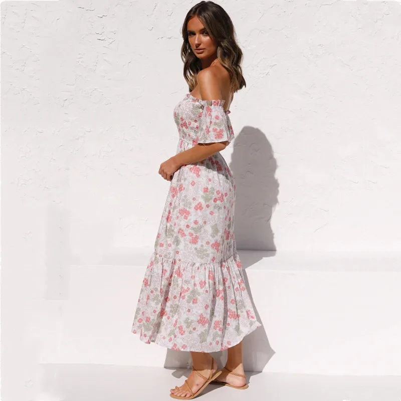 

Летнее платье для девочек Женская одежда с открытыми плечами, с низким вырезом на спине с завышенной талией с цветочным принтом в богемном с...