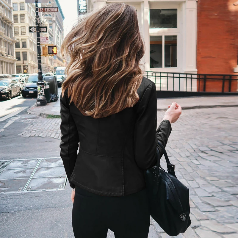 Womens Pu Leather Jacket Autumn Winter Fashion Short Color Waterproof Jacket Long-sleeved Thick Warm Zipper Spring