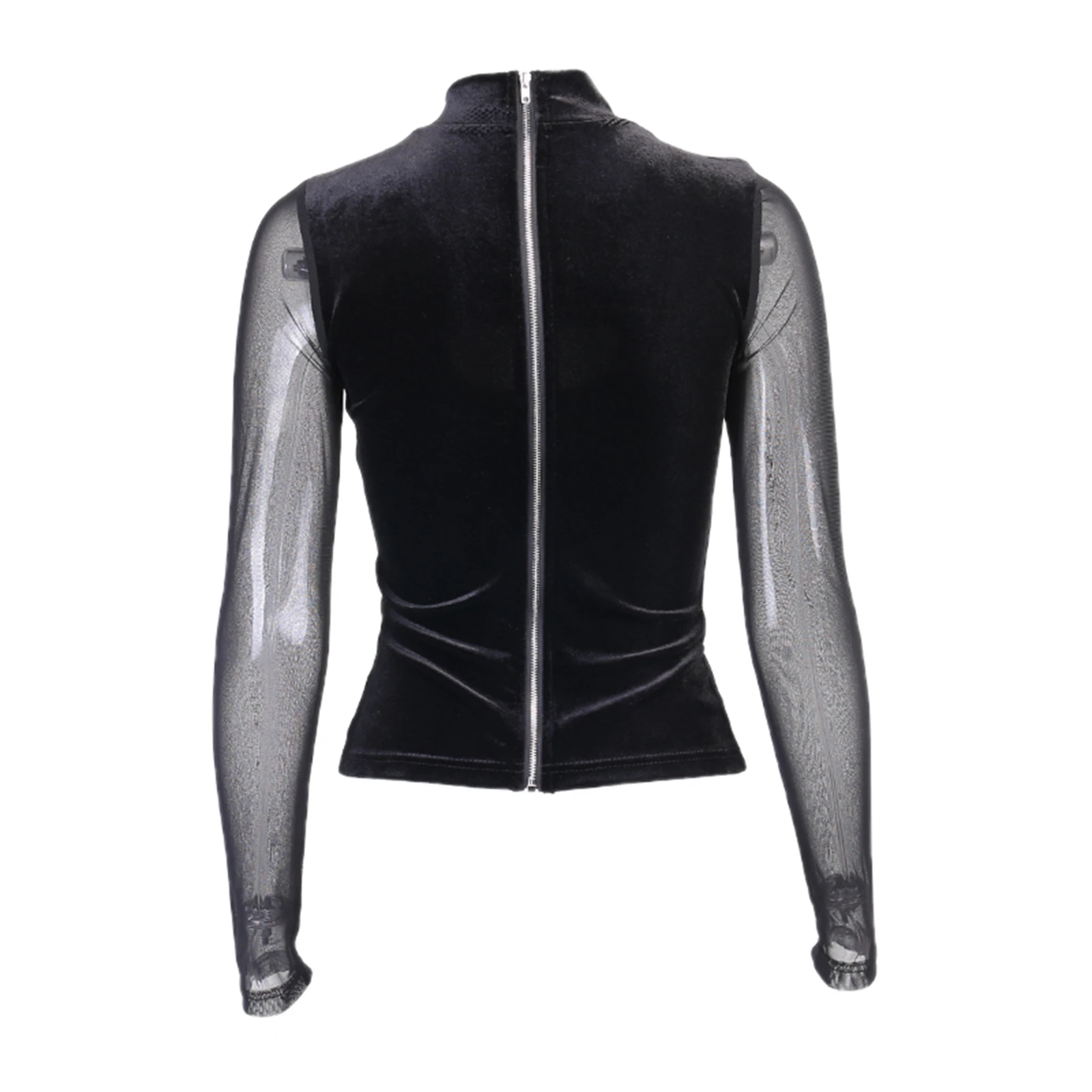 

Spring casual Ladies Mesh Stitching Long-sleeved T-shirts Back Zipper Slim-fit Suede Tops Sexy Tight-fitting Bottoming