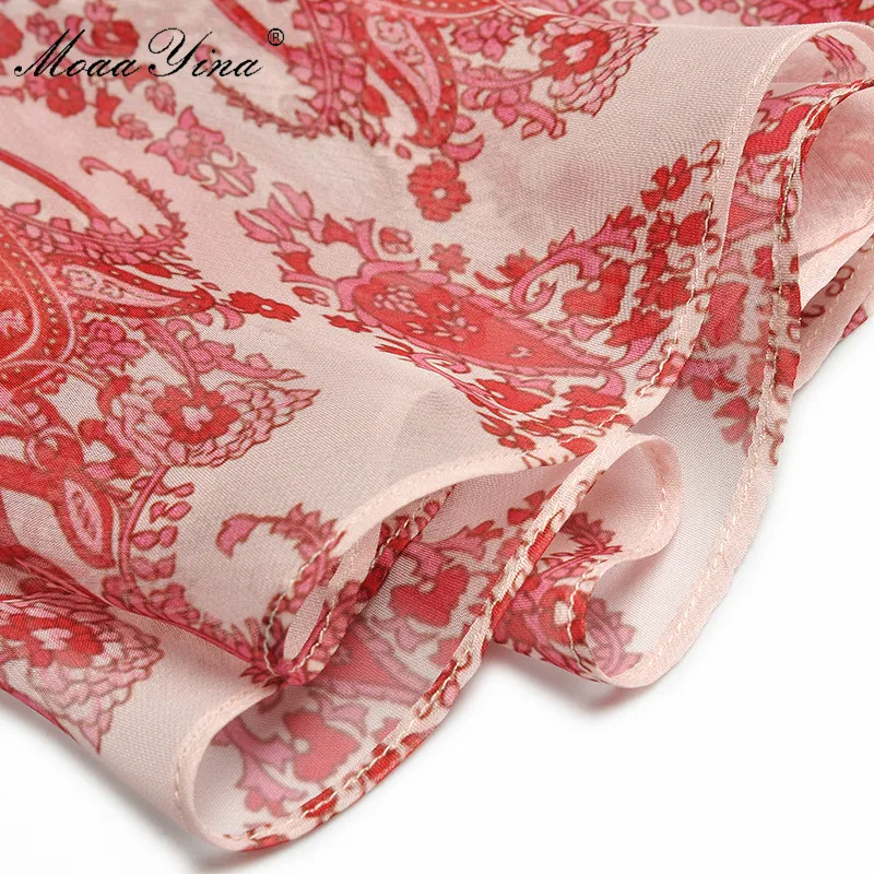 

MoaaYina Fashion Designer dress Summer Women Dress Beaded V-neck Short sleeve Print Chiffon Midi Dresses